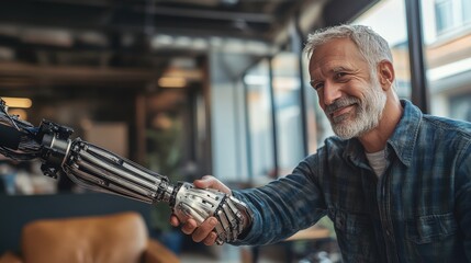 A war veteran proudly shaking hands with a loved one using a next-gen 3D-printed prosthetic arm.