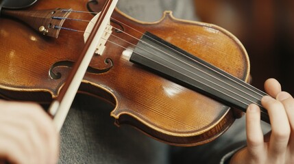 A person is playing a beautiful brown violin instrument