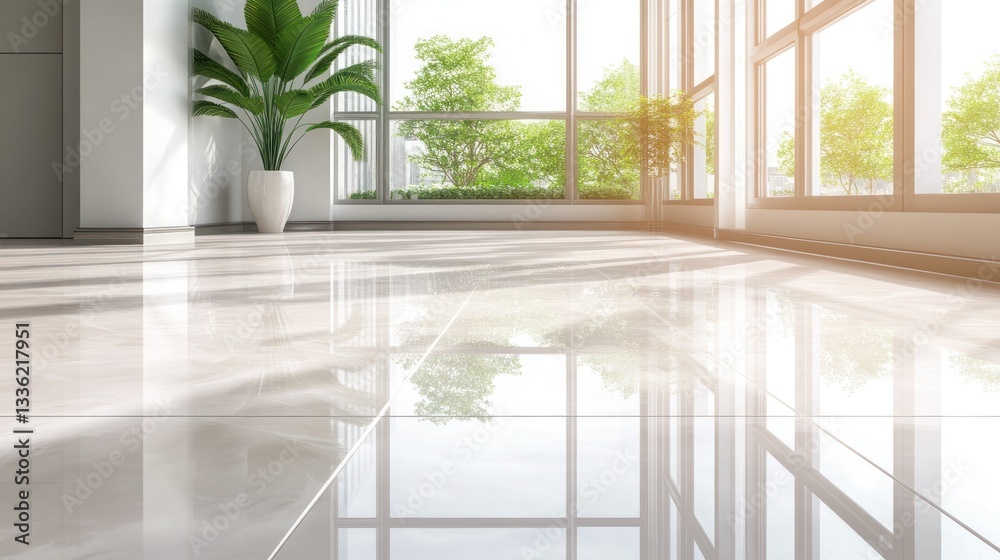 Poster light streams through windows reflecting on shiny marble flooring and greenery