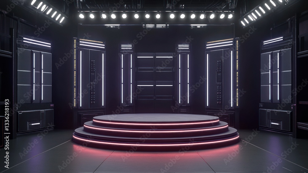 Poster futuristic illuminated stage with tiered platform and ambient lights