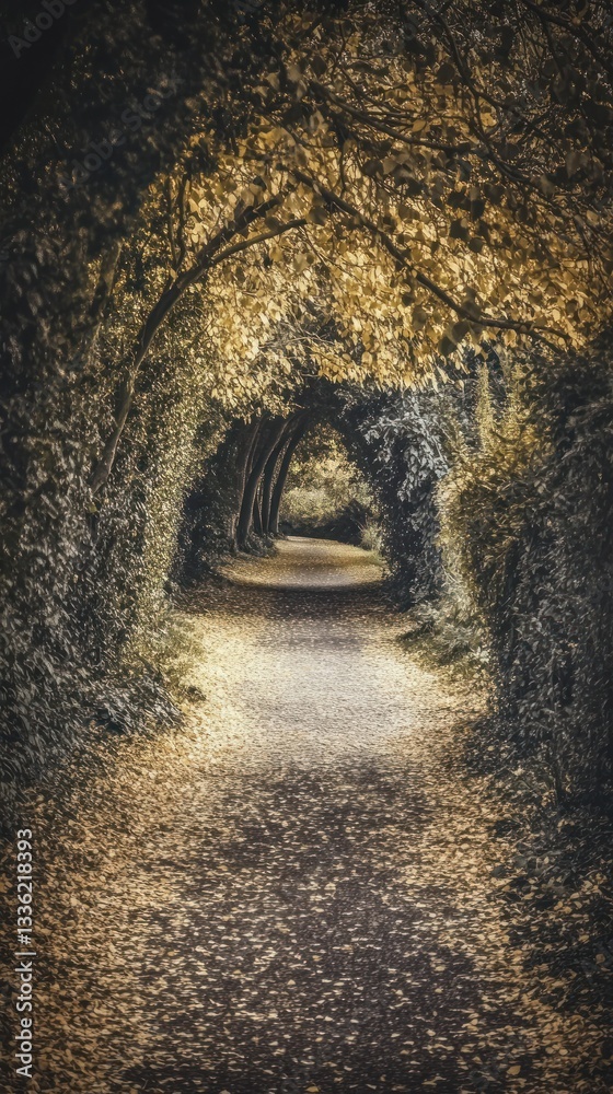 Poster a pathway tunnel created by overhanging trees in the autumn
