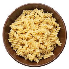 Raw pasta Fusilli in  bowl isolated on white background. Raw and Dry Macaroni. Italian Culture.