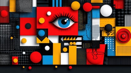 Abstract Art Composition with Eye Motif in Bold Colors and Geometric Patterns