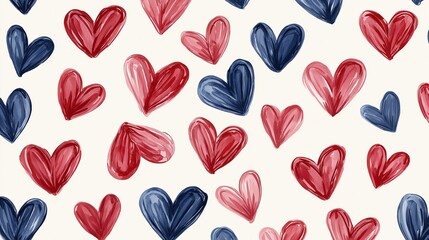 Seamless pattern of multiple red and blue hearts on a white background. the hearts are arranged in a repeating pattern, with each heart having a different color - red, blue, and pink.
