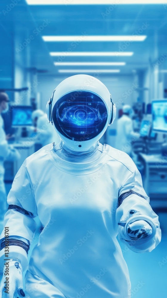 Poster A futuristic robot in a lab setting with screens visible