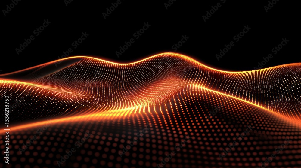 Poster Glowing orange lines and dots create a digital landscape with curves