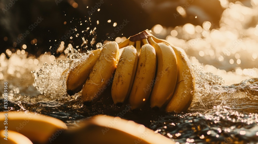 Poster a bunch of bananas is floating in splashing water gracefully