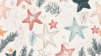 Seamless pattern with a white background. it features multiple star-shaped illustrations in different colors and sizes.