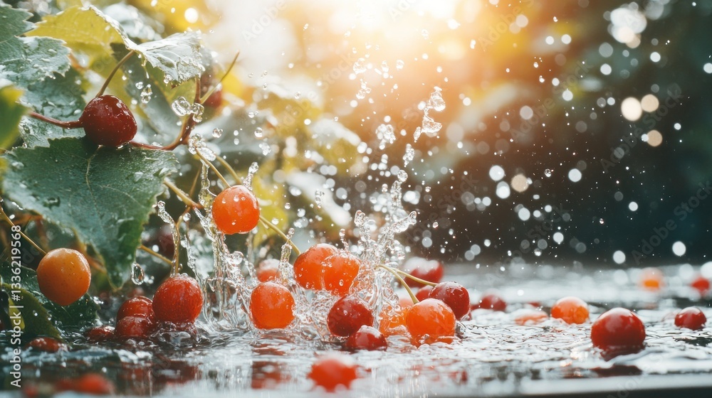 Poster water splashes around some red and orange berries on a surface