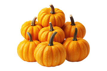 Obraz premium A pyramid arrangement of bright yellow pumpkins with brown stems isolated on white transparent background. Symbolizing autumn, harvest, and seasonal decoration