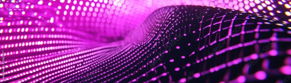Poster abstract digital wavy background with glowing purple dots and lines