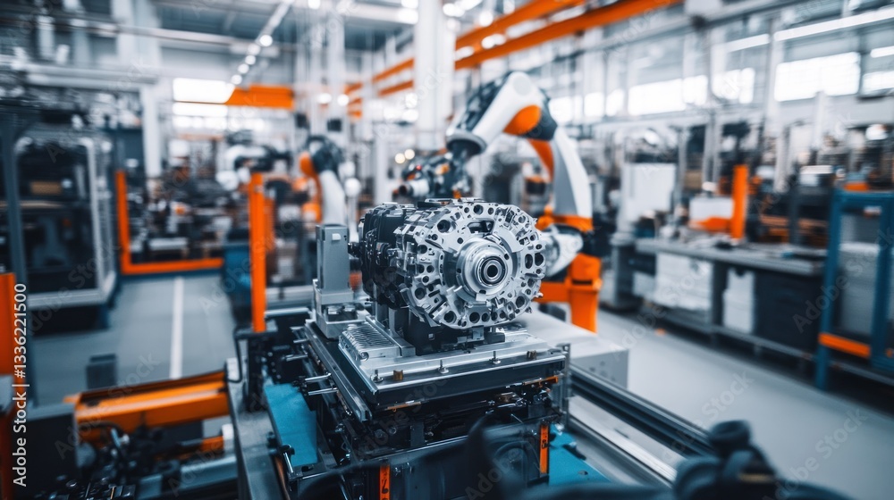 Poster robotic arms are working on the metal components in factory
