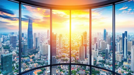 Spectacular view of a city skyline seen through large windows