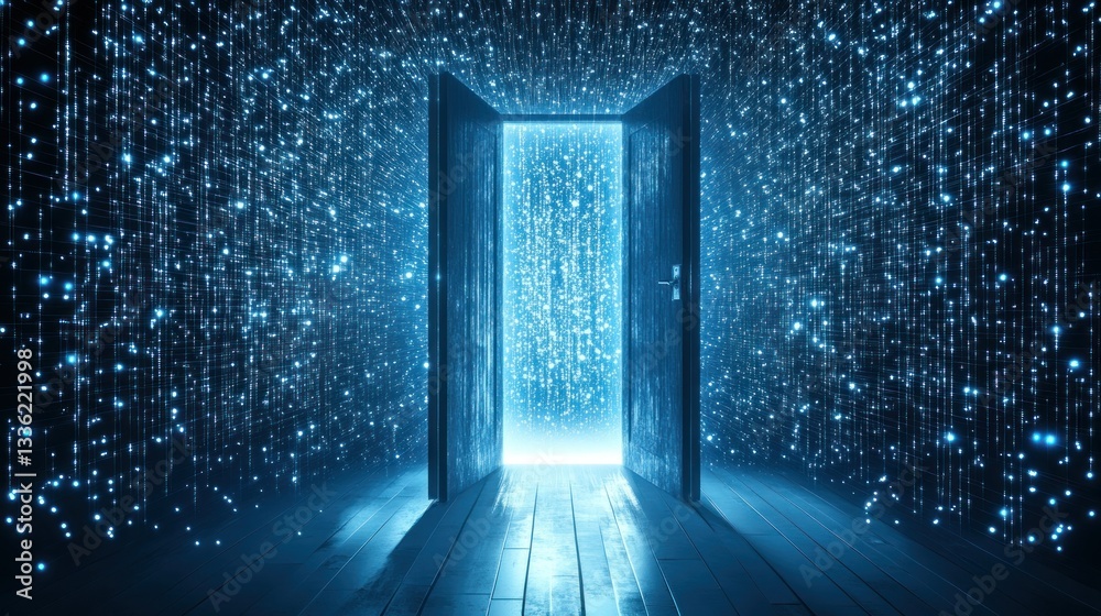Poster an open doorway to a bright and glowing digital universe