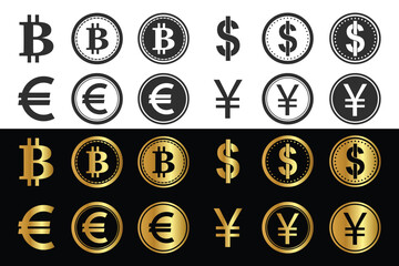 Golden Coin Bundle, Dollar Coin, Dollar Coin vector, Bitcoin, Pound Coin, Euro Coin, Pound Coin, Yen Coin, Golden Coin