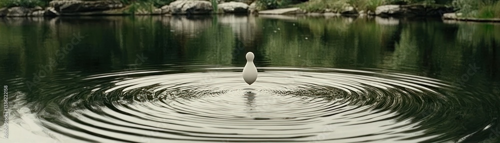 Poster a white object is balanced above rippling water in a lake