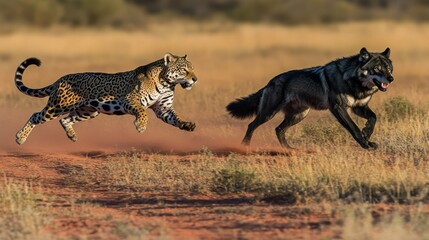 A jaguar and a wolf are running through open grasslands