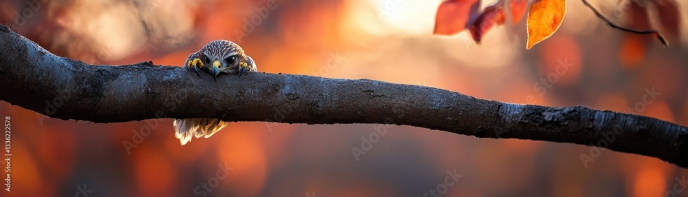Poster a small bird peers over a tree branch during sunset hours
