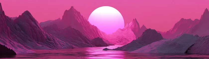 Gardinen Pink mountains and a radiant sun illuminate a landscape © Penatic Studio