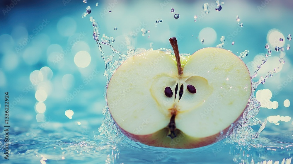 Poster a sliced apple is surrounded by a burst of refreshing water
