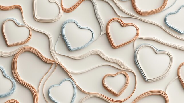 Abstract background with multiple heart-shaped objects arranged in a random pattern. the hearts are of different sizes and colors, including blue, orange, and white.