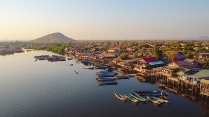 Scenic aerial view of a village built on stilts by water