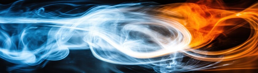 Blue and orange swirling smoke creates a vibrant visual contrast
