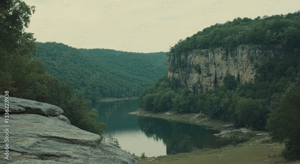 Poster Scenic view showing a calm lake between forested hills and cliffs