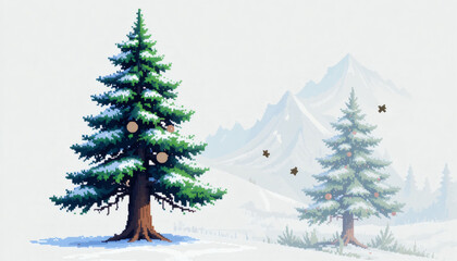 Fototapeta premium Pixel pine tree with detailed shading, classic wintery 8-bit retro style, isolated on white background