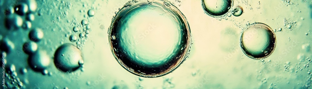 Poster Several clear bubbles floating in a liquid background