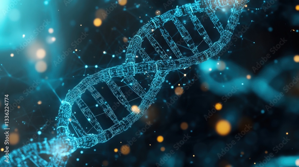 Poster an advanced ai system projects a dynamic dna sequence in mid-air, assisting geneticists in decoding 
