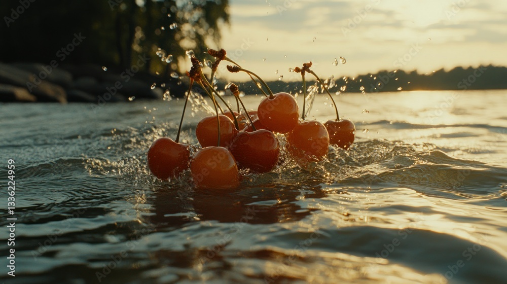 Poster A Cluster Of Cherries Splashing And Floating In Water