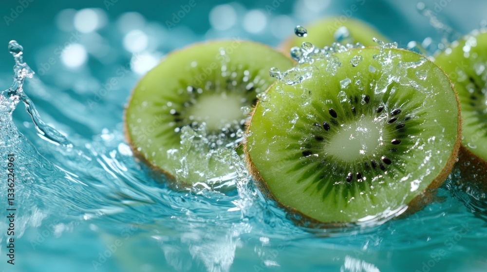 Aufkleber sliced kiwis in water with splashing and refreshing droplets