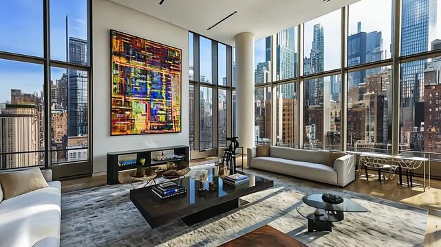 Luxury penthouse interior design with panoramic city views and modern art decor