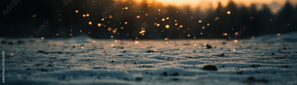 Aufkleber golden particles illuminate a frosty ground with blurred forest backdrop