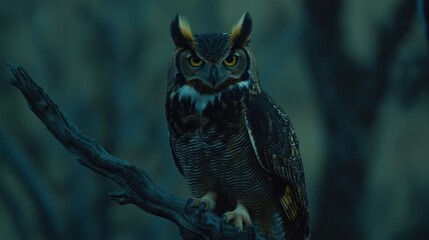 A Majestic Owl Perched on a Tree Branch at Dusk