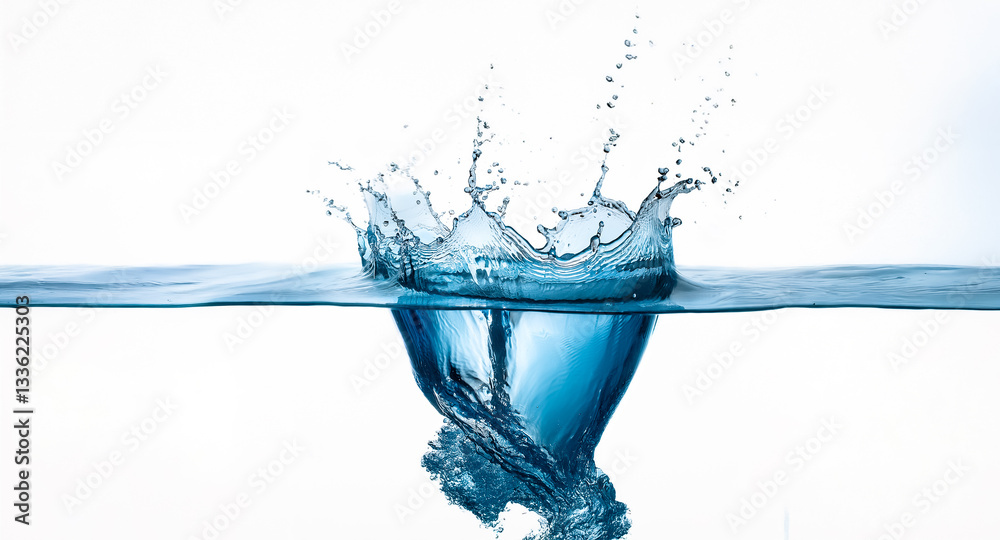 Poster clear water droplet creates a dynamic splash upon impact, sending droplets and ripples across the su