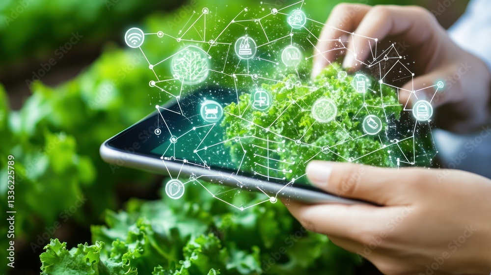 Poster Person examining fresh produce with technological data display on screen
