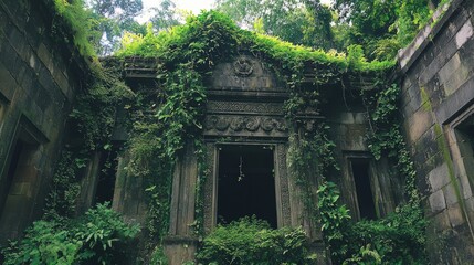 An ancient temple overgrown with air-purifying plants, nature reclaiming its space with fresh air.