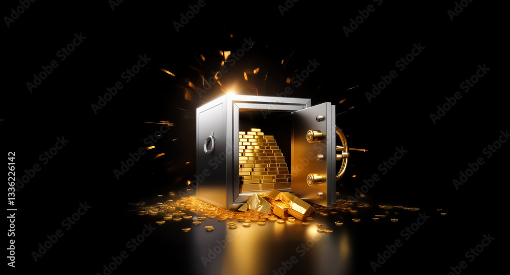 Poster Open safe on black backdrop reveals shiny gold bars and coins spilling out, creating a sparkling effect. Wealth and security concept.