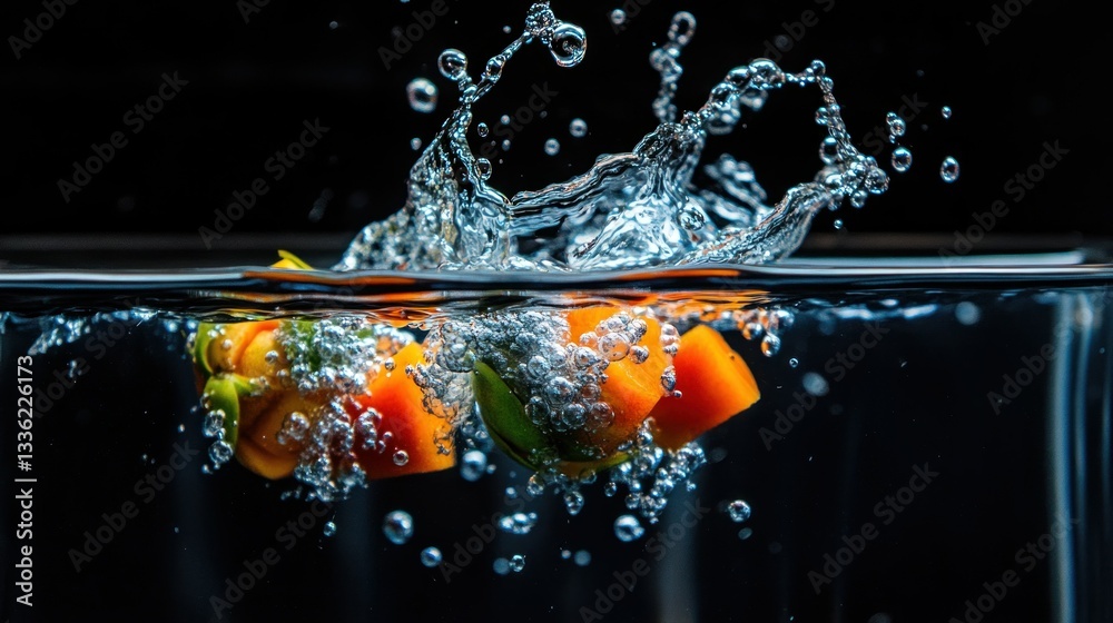 Poster colorful peppers plunging into the water creating bubbles and splash