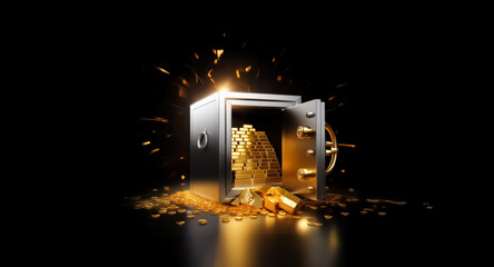Open safe on black backdrop reveals shiny gold bars and coins spilling out, creating a sparkling effect. Wealth and security concept.