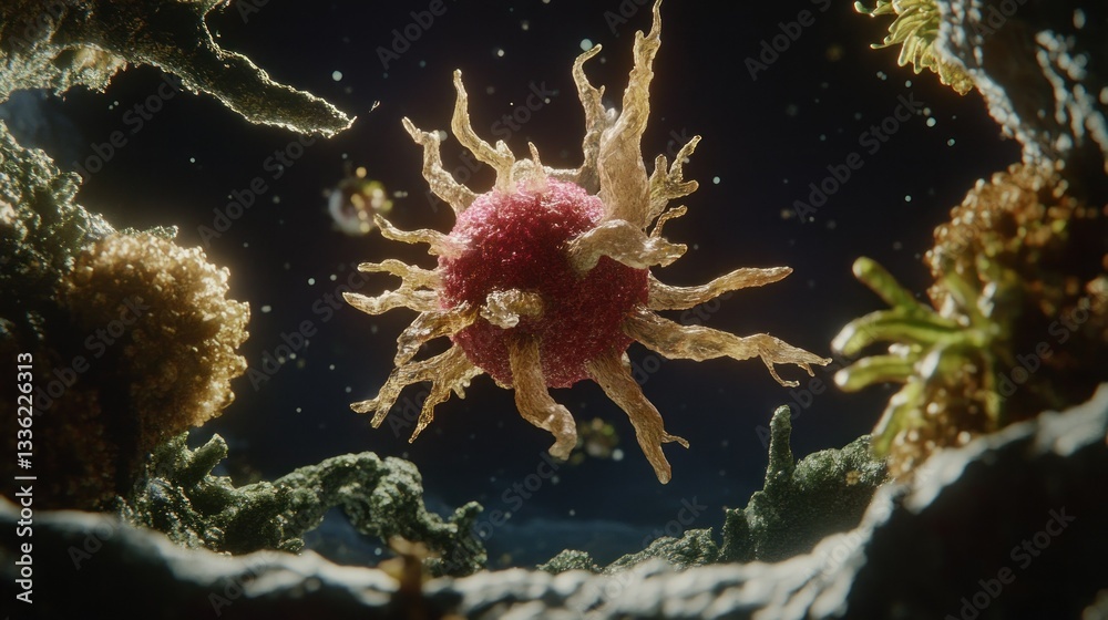 Poster a detailed illustration showcasing an intricate biological cellular structure