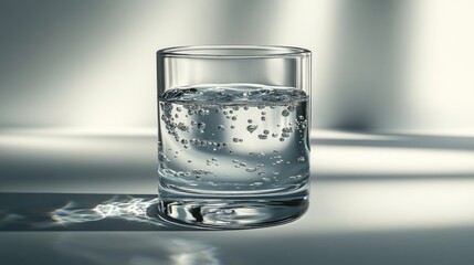 Sparkling water glass, studio shot, bubbles, light background, refreshment