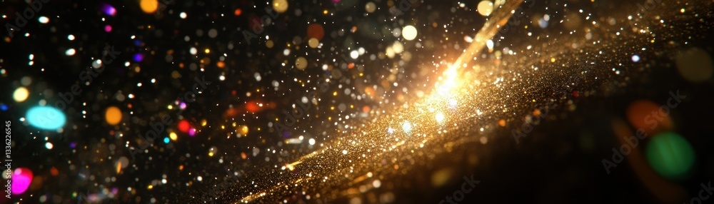 Poster Golden stream with colorful bokeh particles against a dark backdrop