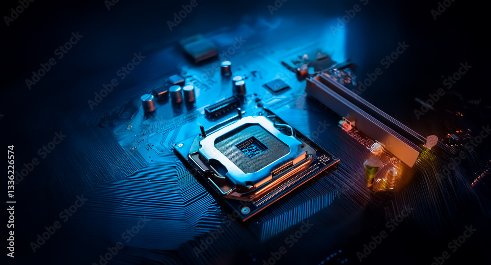 Fototapete Close up of a computer motherboard with a CPU socket in focus. Blue and orange light illuminates the component, creating a futuristic tech atmosphere.