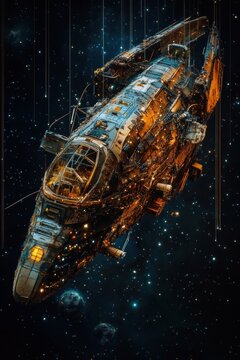 A sentient spaceship gracefully navigating the cosmos, guided by an organic intelligence amidst the stars.