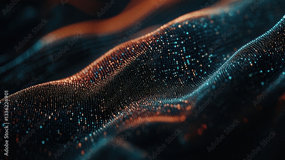 Poster Abstract digital art displays wavy patterns with illuminated dots across the dark space