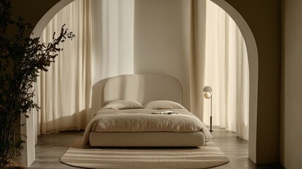 A modern bedroom interior featuring a bed rug and arched doorways