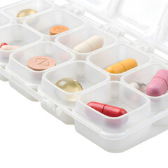 Pill organizer with assorted vitamins and medications
